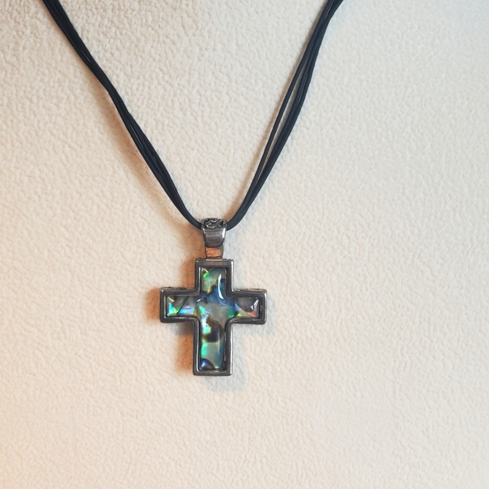 Abalone Cross Necklace with engraved detail